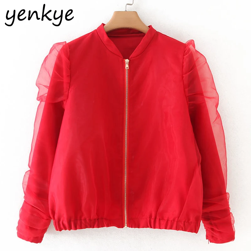 2019 Women Semi-sheer Organza Red Bomber Jacket Female Long Sleeve Stand Collar Fashion Autumn Jackets chaqueta mujer
2019 Women Semi-sheer Organza Red Bomber Jacket Female Long Sleeve Stand Collar Fashion Autumn Jackets chaqueta mujer