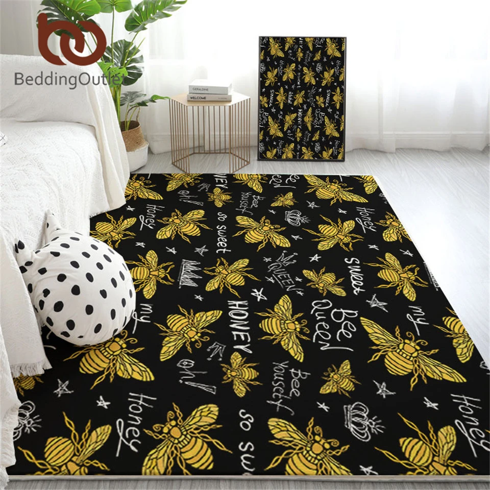 

BeddingOutlet Bee Large Carpet for Bedroom Yellow Golden Play Mat for Kids Moth Area Rug Honey White Center Rug Dropship 1pc