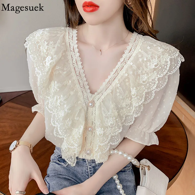 

V Neck Sweet Lace Blouse Women Ruffle Stitching Short Sleeve Chiffon Shirt Summer Korean Fashion Apricot Top Female Blusas 15830