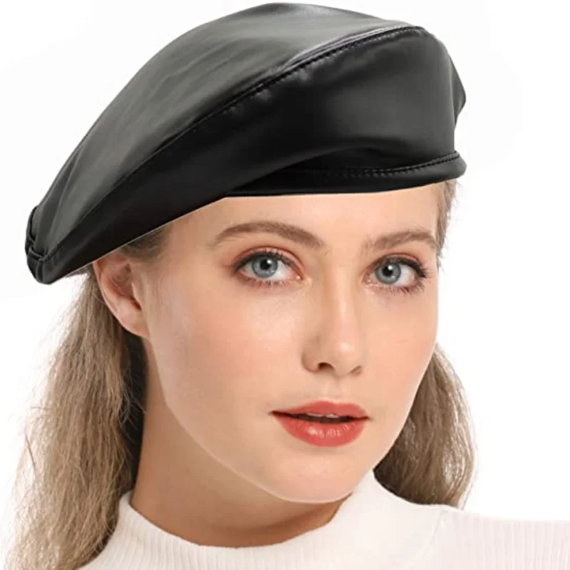 

Vintage PU Leather Beret French Artist Women Beret Hats Adjustable Warm Beanie Winter Hats Ski Cap Lady All-Match Hat Berets