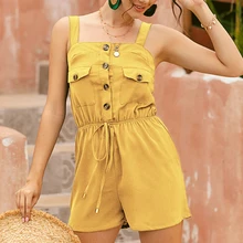 Summer Women Backless Sleeveless Solid Colors Playsuits Green Button Bandage Pocket Short Jumpsuits High Waist Casual Rompers
Summer Women Backless Sleeveless Solid Colors Playsuits Green Button Bandage Pocket Short Jumpsuits High Waist Casual Rompers