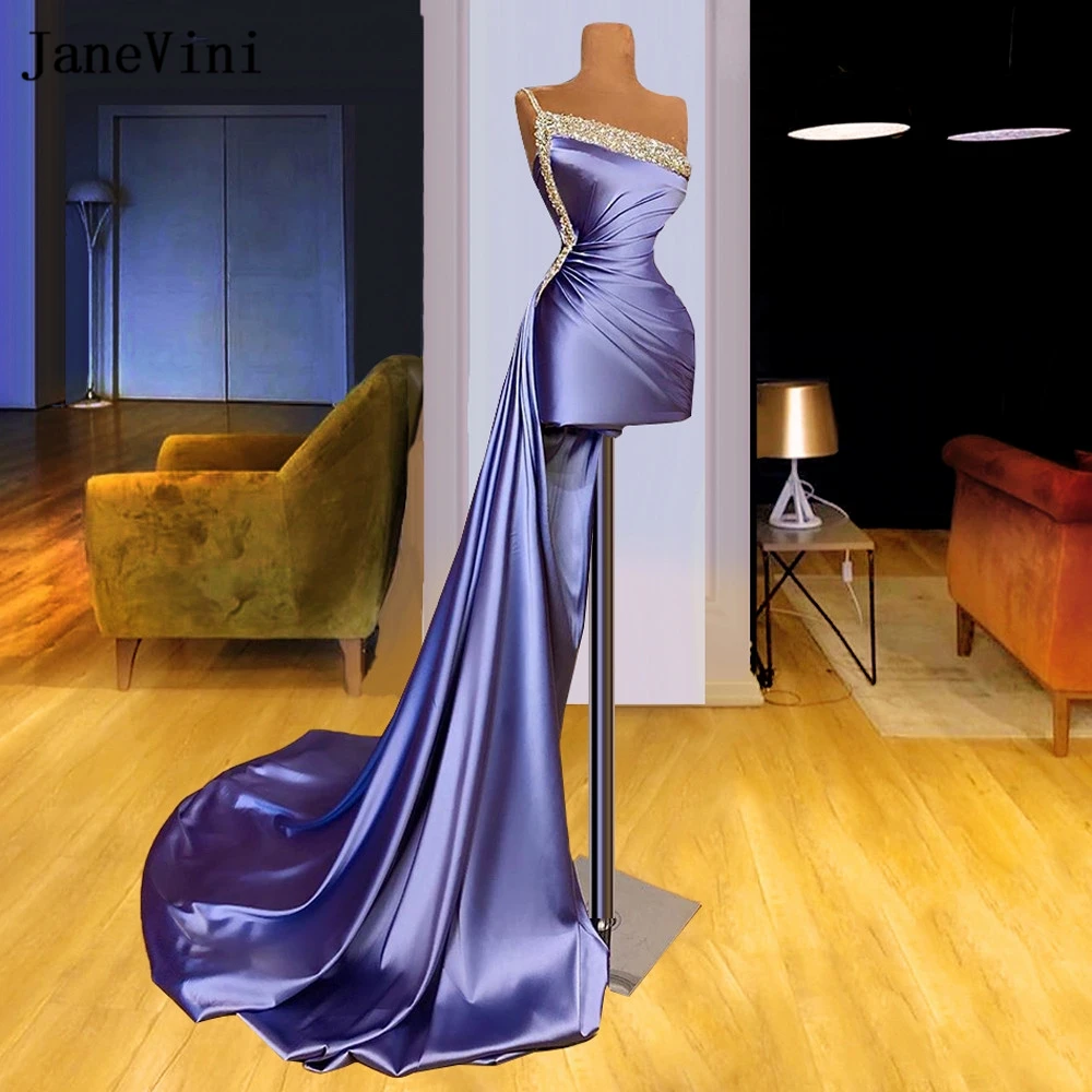 

JaneVini 2020 Sexy Violet Long Evening Dresses One Shoulder Luxury Beading Dubai Arabic Satin Women Formal Dinner Gown Customize
