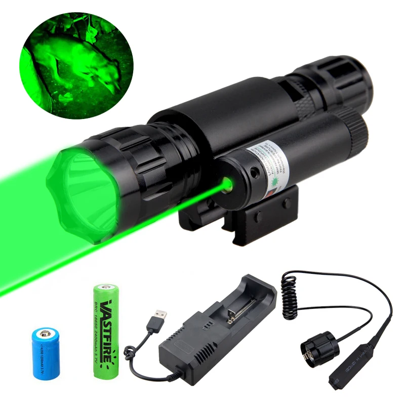 501B Tactical Green/Red/White LED Flashlight With Green Laser Dot Sight Hunting Torch+Gun Mount Rail+Switch+18650+CR2+Charger | Освещение