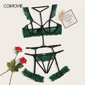 

COLROVIE Floral Lace Underwire Garter Lingerie Set With Choker Women Intimates Sexy Set Underwire Bra and Thongs Lingerie Sets