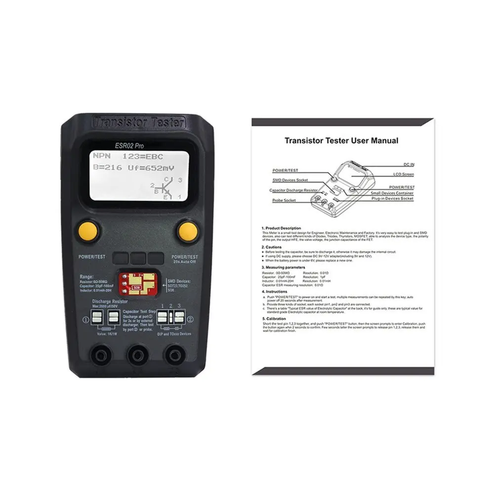 ESR02 pro Multi-purpose Transistor Tester Diode Triode Capacitance Resistor Meter LCD ESR meter MOS/PNP/NPN SMD Tester
ESR02 pro Multi-purpose Transistor Tester Diode Triode Capacitance Resistor Meter LCD ESR meter MOS/PNP/NPN SMD Tester