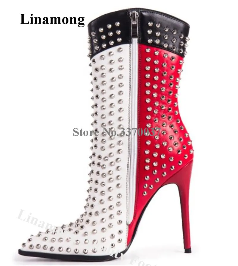 

Linamong Unique Black White Red Patchwork Stiletto Heel Rivets Short Boots Pointed Toe Slip-on Studded High Heel Ankle Booties