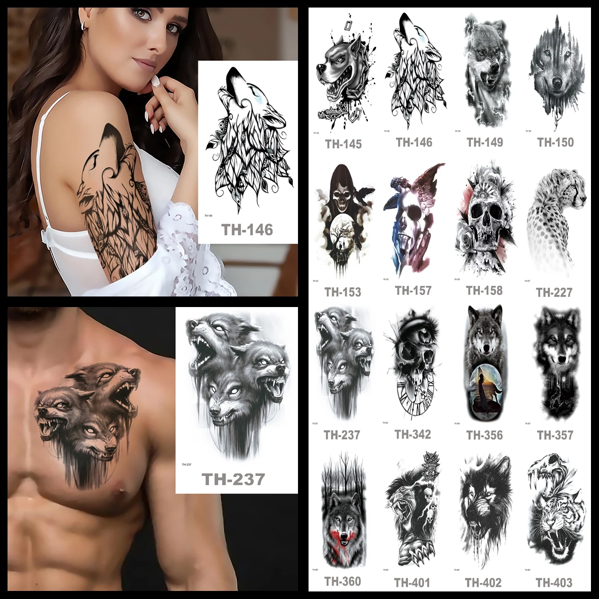 Фото Временная татуировка наклейка черный большой размер череп лев тигр леопард волк