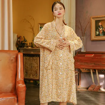 

Spring Long Sleeve Thin Satin Robes Women Osmanthus Printing Sleepwear Silk-like Dressing Gown Long Robe Plus Size Bathrobe