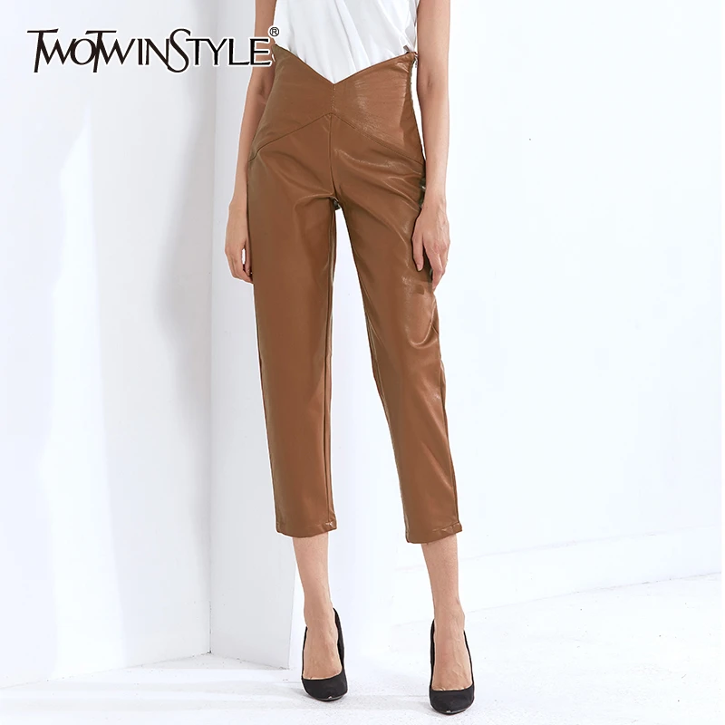 TWOTWINSTYLE Irregular Women's PU Pants High Waist Loose Minimalist For Female Straight Leg Pants 2020 Fashion Autumn New Tide
TWOTWINSTYLE Irregular Women's PU Pants High Waist Loose Minimalist For Female Straight Leg Pants 2020 Fashion Autumn New Tide