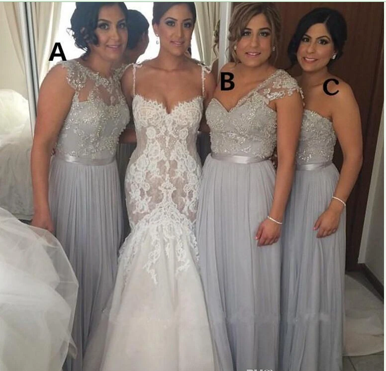 Hot 2015 Silver Chiffon Long Bridesmaid Dresses Cheap A-Line Beaded Lace Applique Formal Gowns Different Styles Maid of Honor 
Hot 2015 Silver Chiffon Long Bridesmaid Dresses Cheap A-Line Beaded Lace Applique Formal Gowns Different Styles Maid of Honor