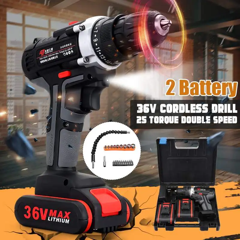 36V Electric Impact Cordless Drill 2 Rechargeable Li-ion Battery Wireless DIY Home Electric Wrench Power Tools With Accessories
36V Electric Impact Cordless Drill 2 Rechargeable Li-ion Battery Wireless DIY Home Electric Wrench Power Tools With Accessories