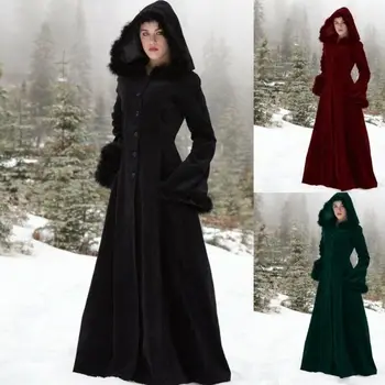 Women Gothic Regency Hooded Jacket Coat Halloween Cosplay Costumes Vintage Wool Collar Hooded Single Breasted Trench Coat Solid 
Women Gothic Regency Hooded Jacket Coat Halloween Cosplay Costumes Vintage Wool Collar Hooded Single Breasted Trench Coat Solid