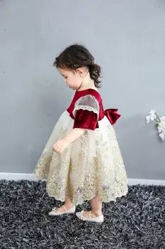 

New 2-6 year old girl baby dress Spanish three-dimensional lace Phnom Penh jacquard v back horn half sleeve court style dress