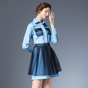 Fashionable new women's lapel laundering denim mid-length shirt + blue short mesh skirt two-piece suit 
Fashionable new women's lapel laundering denim mid-length shirt + blue short mesh skirt two-piece suit