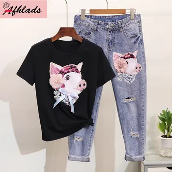 Korean Cartoon Sequined Print Two-Piece Set Loose Short-Sleeved T-Shirt + High Waist Thin Pants Summer Casual Two-Piece Set 
Korean Cartoon Sequined Print Two-Piece Set Loose Short-Sleeved T-Shirt + High Waist Thin Pants Summer Casual Two-Piece Set