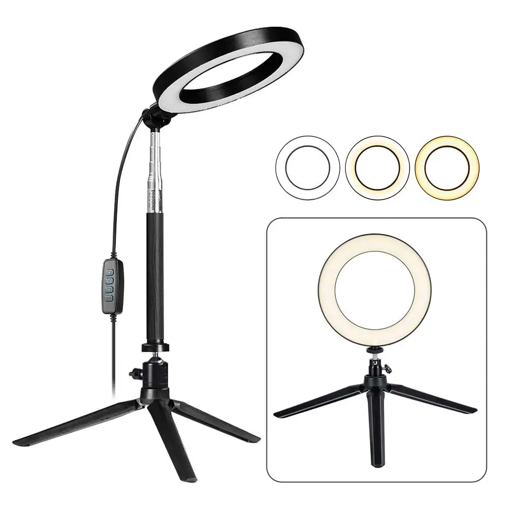 LED ring light with tripod bracket, 6-inch dimmable floor / table ring light self-timer, camera / mobile video shooting USB plug
LED ring light with tripod bracket, 6-inch dimmable floor / table ring light self-timer, camera / mobile video shooting USB plug