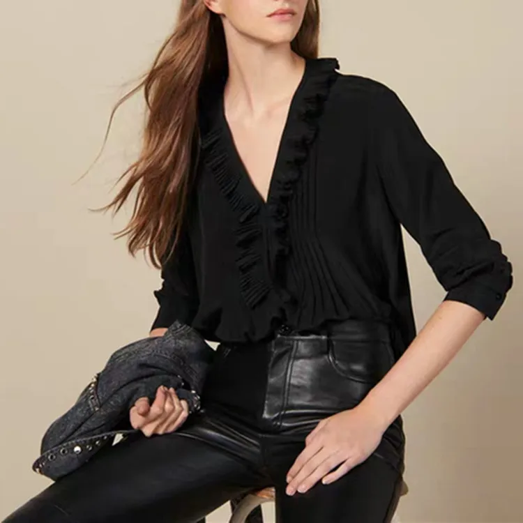 Women Shirt 2019 Autumn and Winter V neck Ruffles Lace V-neck Pleated Silk Blouses Shirts 
Women Shirt 2019 Autumn and Winter V neck Ruffles Lace V-neck Pleated Silk Blouses Shirts