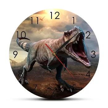 

Jurassic King T-Rex Tyrannosaurus Wall Clock T-Rex Roaring Scene 3D illustration Wall Art Home Decor Dinosaur Silent Wall Watch