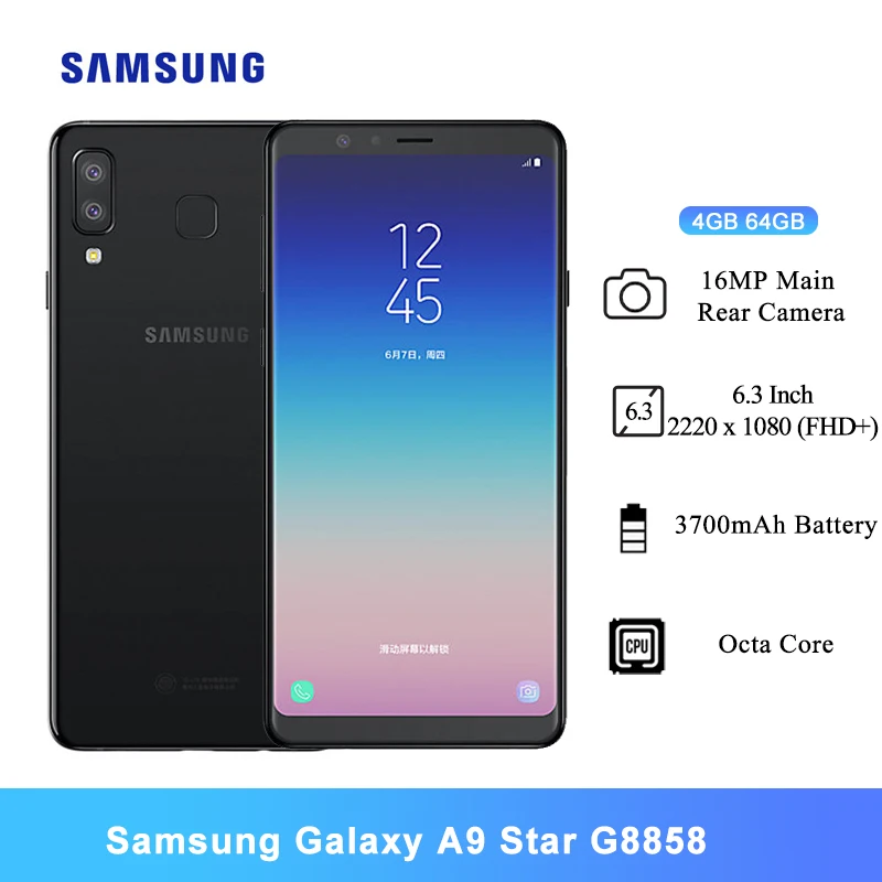 

Samsung Galaxy A9 Star G8858 Smartphone 3700mAh Octa Core 6.3" FHD Dual 24MP&16MP RAM 4GB 64GB 4G LTE Android Mobile Phone