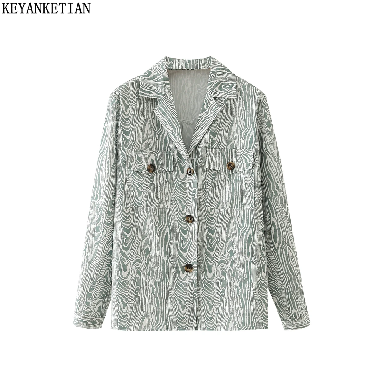 

KEYANKETIAN 2021 summer new women's suit collar double pocket button decoration long-sleeved blouse smudge printing shirt women