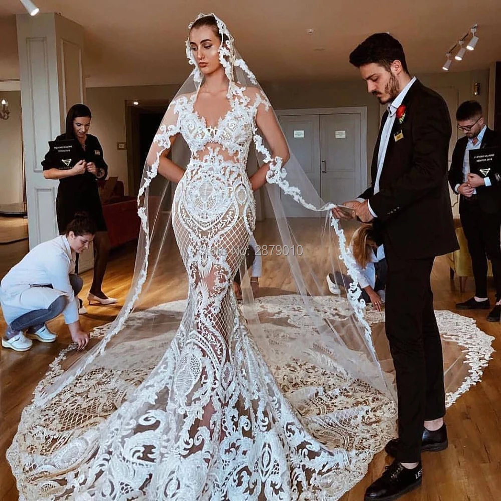

V-Neck Ivory Wedding Dress Mermaid/Trumpet Appliques Lace The Veil Floor-Length Women Dress Muslim Bridal Gowns Backless Court