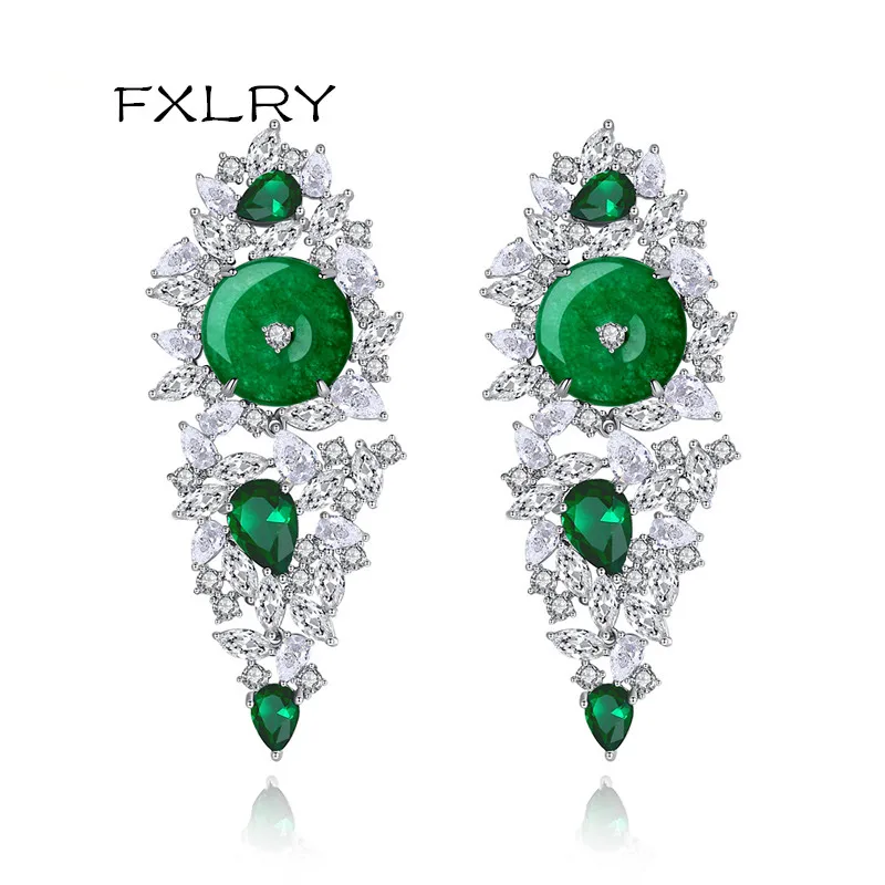 

FXLRY Elegant Big Drop Earrings for Women Emerald Green Round Stone Cubic Zircon Fashion Jewelry Accessories