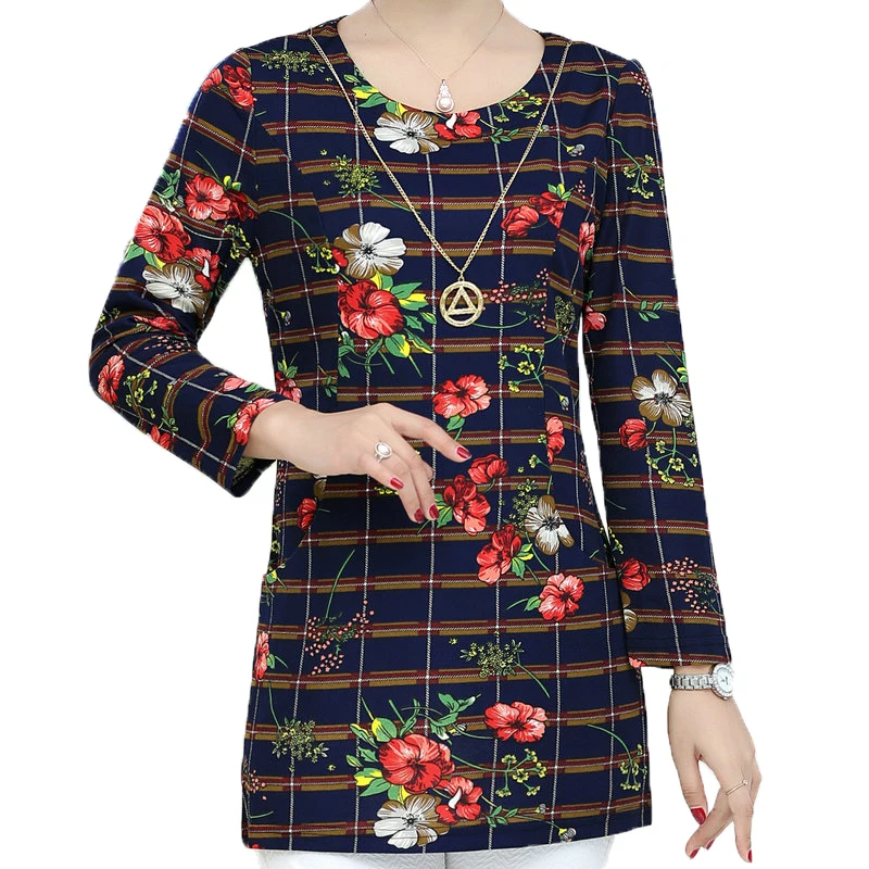 Woman Autumn Blouse Flower Plaid Pattern Long Sleeve Round Collar Tops With Necklace Design Middle Age Women Casual Basic Shirts
Woman Autumn Blouse Flower Plaid Pattern Long Sleeve Round Collar Tops With Necklace Design Middle Age Women Casual Basic Shirts