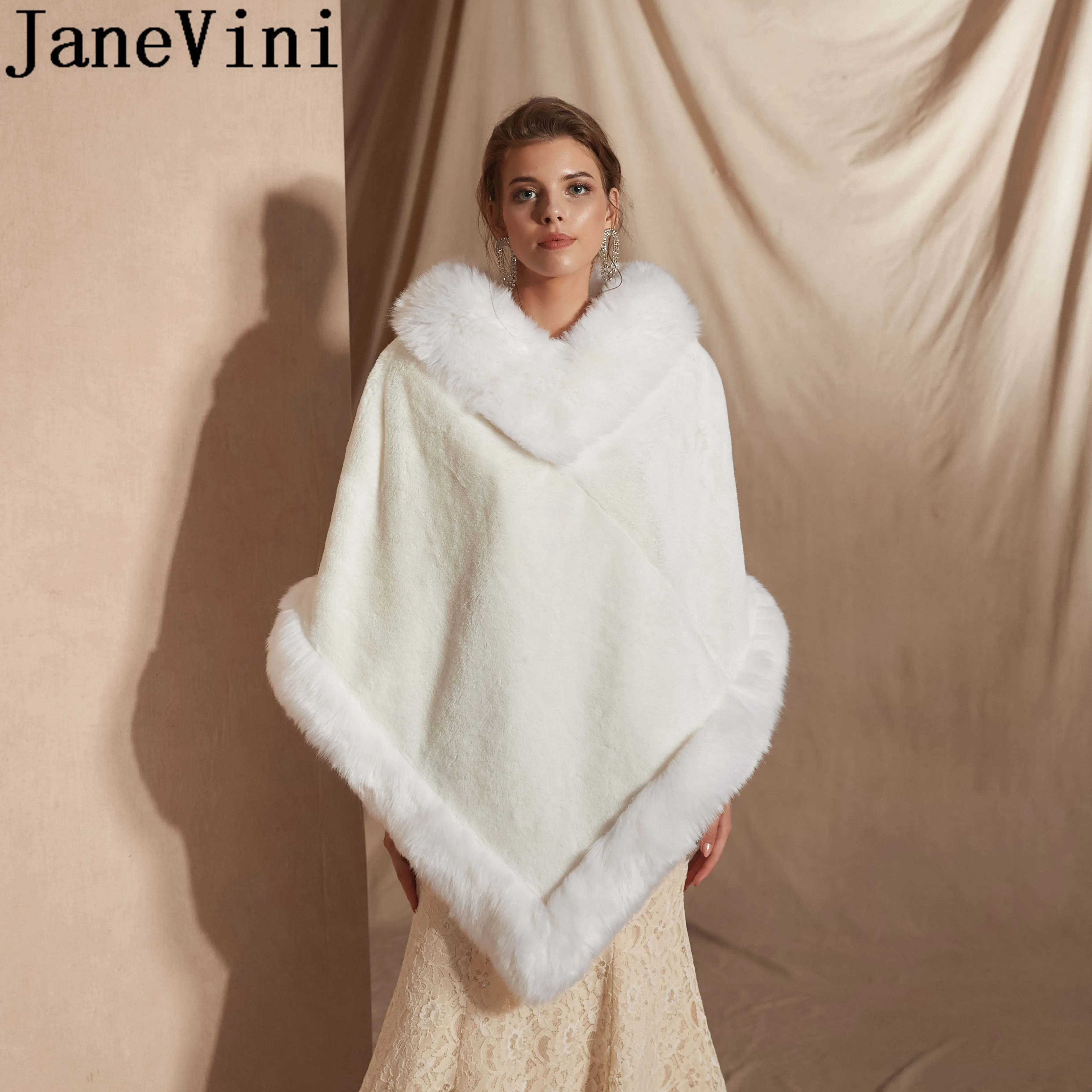 

JaneVini Plus Size Wedding Bolero Cape Faux Fur Wrap Evening Dress Shrugs Ivory and White Boleros Bridal Jackets Winter Shawls