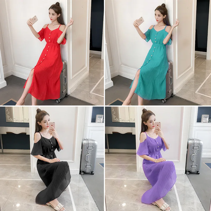 2018 Summer Wear New Style Korean-style Beach Holiday off-Shoulder Camisole Single Row Multi-buckle Slit Long Dress Women's
2018 Summer Wear New Style Korean-style Beach Holiday off-Shoulder Camisole Single Row Multi-buckle Slit Long Dress Women's