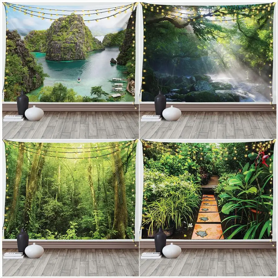 

Tropical Rainforest Tapestry Forest Green Plants Stream Jungle Nature Landscape Wall Hanging Living Room Dorm Wall Hanging Decor