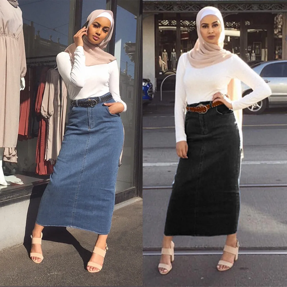 Фото Kalenmos Dubai Arab Muslim Pencil Skirt Women High Waist Strech Bodycon Hips Denim Long Middle East Abaya Islamic Clothing | Тематическая