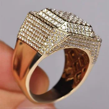 Domineering Men's Square Micro Pave CZ Stone Ring Hip Hop Big Gold Metal Iced Out Rhinestone Wedding Rings bague homme Z3P521