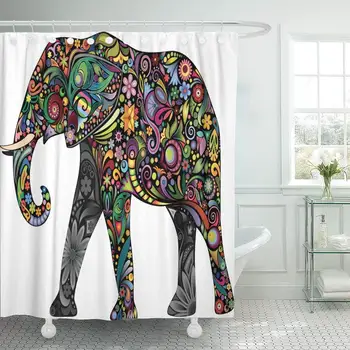 Black Africa The Cheerful Elephant Ii White Wildlife Contemporary Flower Ornate Fantasy Shape Tusk Shower Curtain Bathroom Sets
