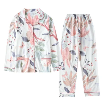 Autumn New Ladies Pajamas Set Floral Printed Full Cotton Fresh Style Sleepwear Set Women Turn-down Collar Female Casual Homewear
Autumn New Ladies Pajamas Set Floral Printed Full Cotton Fresh Style Sleepwear Set Women Turn-down Collar Female Casual Homewear