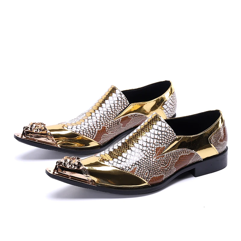 

Handmade Pointed Toe Metal Tip Genuine Leather Men Dress Shoes Snakeskin Evening Party Wedding Shoes Hairdress Sexy Gold Oxfords