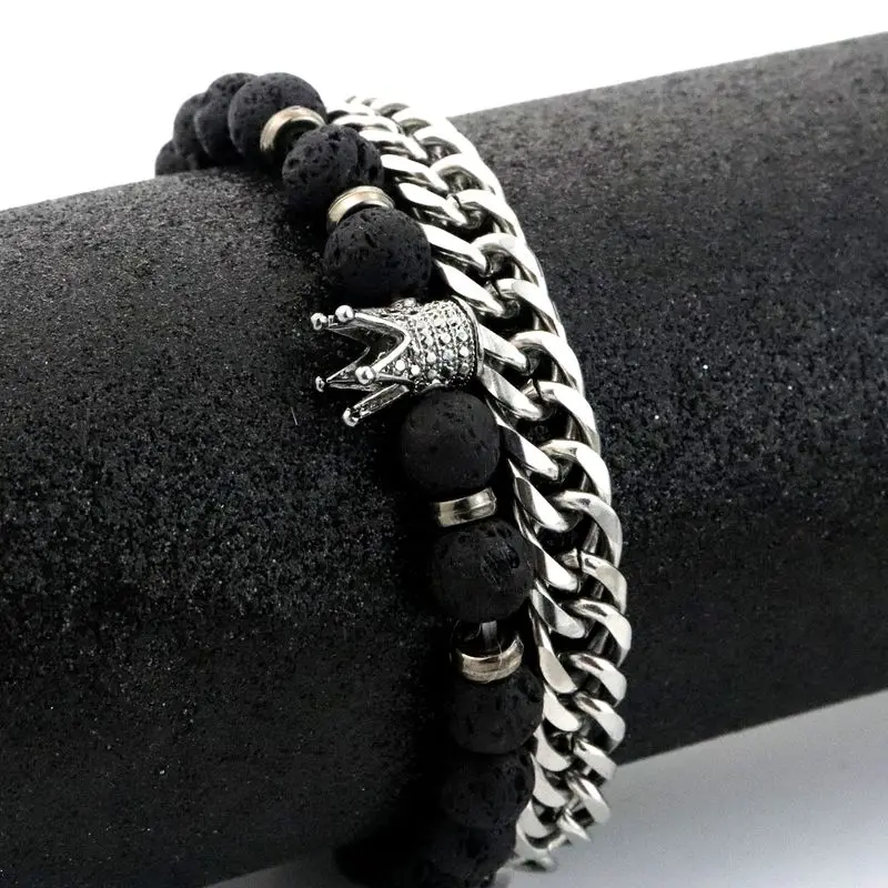 

Gold Tibetan Crwon Charm Lava Rock Paired Bead Stainless Steel Natural Stone Bracelets Gift Jewelry For Girls Women Men