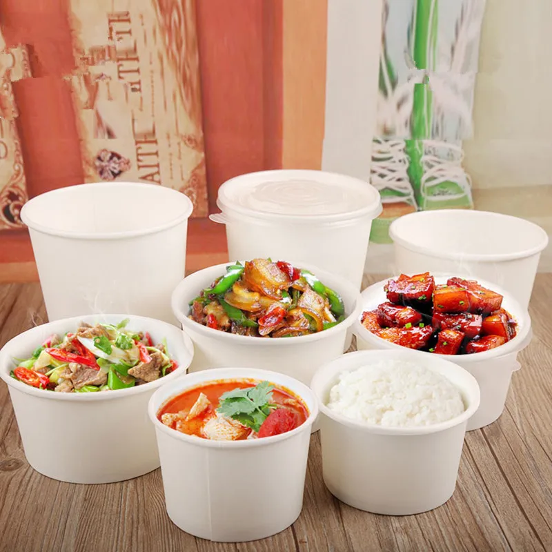 

50pcs 280ml/450ml/550ml round white paper bowl packaging ice cream cake dessert cup food container fruit salad cup with lid