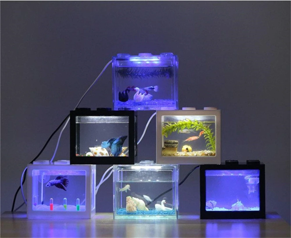 7 Mini Bettas Fish Tank LED Aquarium Mini Fish Bowls Block Reptile Box USB Charger Office Table Decoration Ocean Betta Turtle Box