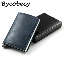 Bycobecy mężczyźni inteligentna karta rfid portfel Vintage PU skóra minimalistyczny portfel 2019 Metal aluminium cienki Mini portfel Carteira z pudełkiem(China)