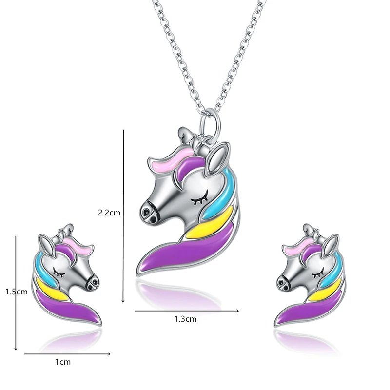 

2021 new jewelry unicorn necklace colorful pony clavicle chain earrings gift set for children
