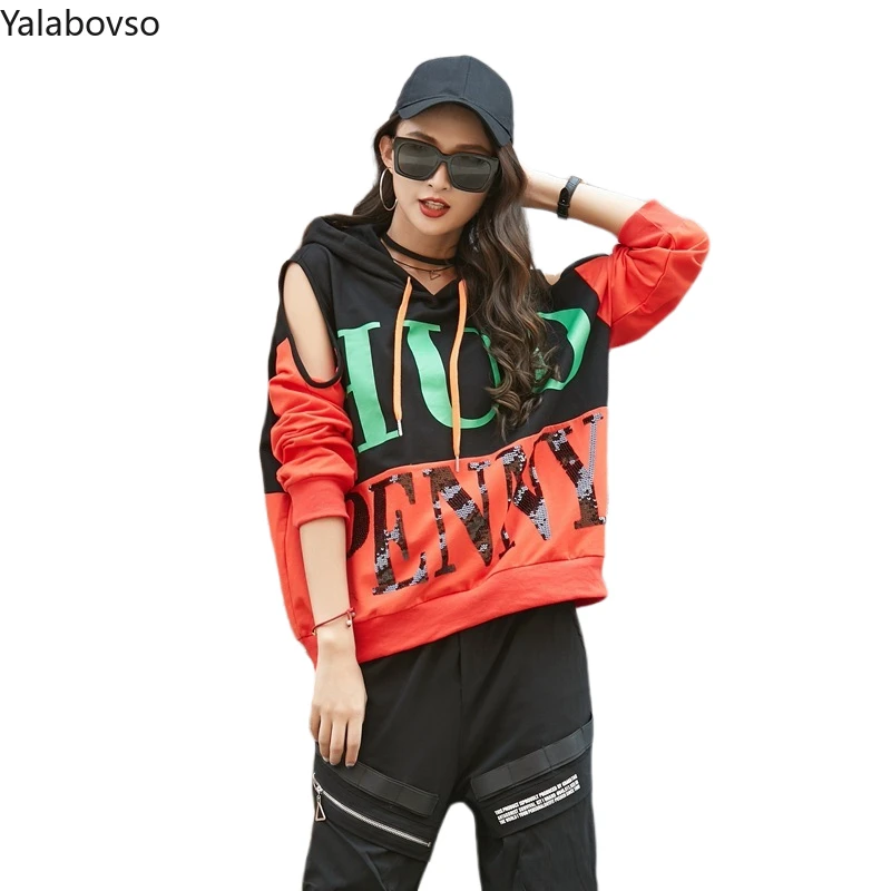Streetwear Shirt Women's Spring 2020 New Hooded Pullover Long Sleeve Knitted Letter Splicing Thin BF Tops For Women Z3 |