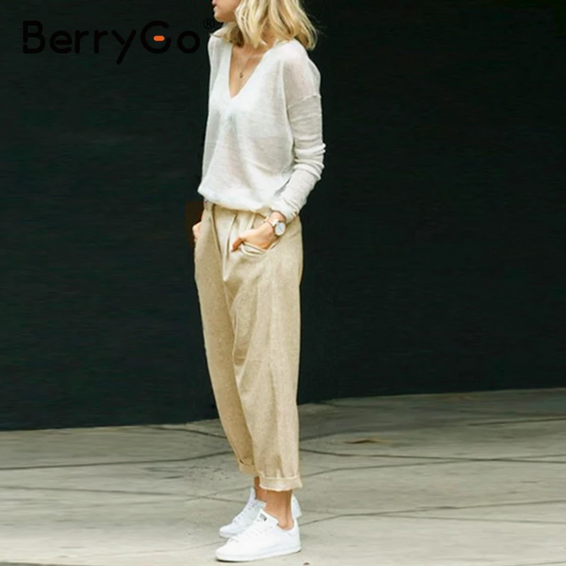 Фото BerryGo High waist tie up causal pants women 2020 Spring streetwear cotton female Holiday office lady summer | Женская одежда