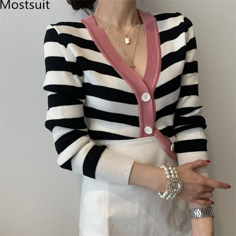 

2022 Autumn Korean Striped Knitted Cardigans Sweaters Women Long Sleeve V-neck Single-breasted Vintage Elegant Ladies Tops Femme