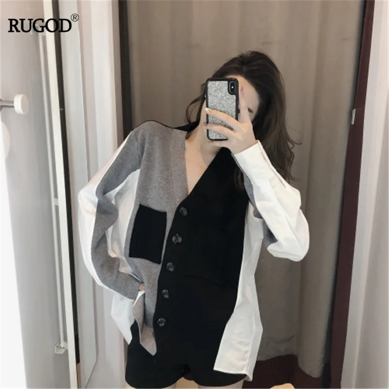 

RUGOD 2019 V-neck Sweater Women Korean Style Long Sleeve Pocket Contrast Color Knitted Sweater 2019 Autrumn Pull Femme Hiver