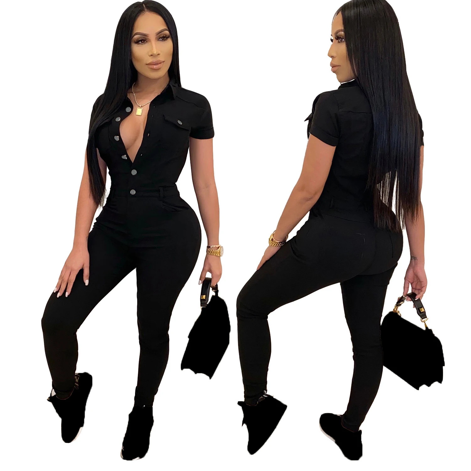 Комбинезон женский джинсовый с отложным воротником, повседневный модный однобортный боди из денима с коротким рукавом, черный
Комбинезон женский джинсовый с отложным воротником, повседневный модный однобортный боди из денима с коротким рукавом, черный