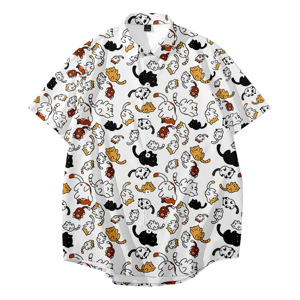 

Summer Men Loose Hawaii Shirts Short Sleeve Cat Printed Turn-down Collar Printed Shirt Tops Clothes Shirt Male Plus Size 6XL