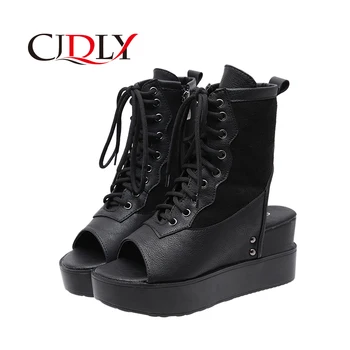 

CJDLY Europeans Style Summer Boots Open Toe Roman Shoes For Women Wedges Gladiator Shoes Heels Lace-up Slingbacks With Zipper