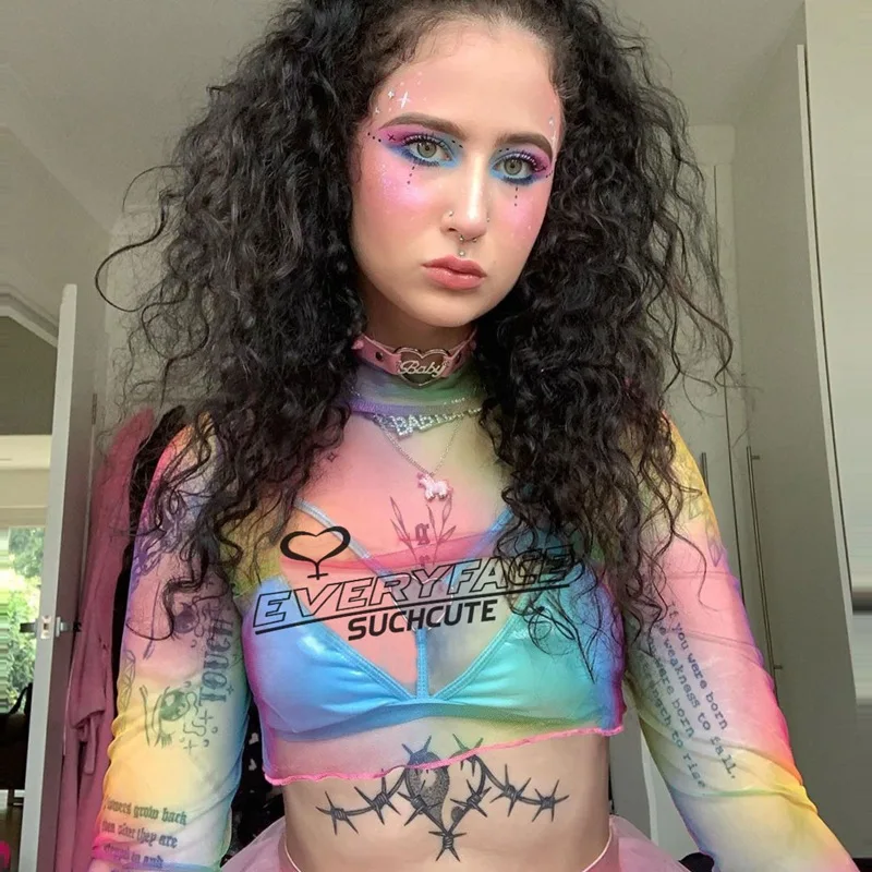 NCLAGEN 2019 Autumn Sexy Colorful Tie Dye Letter Print Transparent Mesh T Shirt Girls Long Sleeve Navel Bare Crop Tops Tee Shirt
NCLAGEN 2019 Autumn Sexy Colorful Tie Dye Letter Print Transparent Mesh T Shirt Girls Long Sleeve Navel Bare Crop Tops Tee Shirt