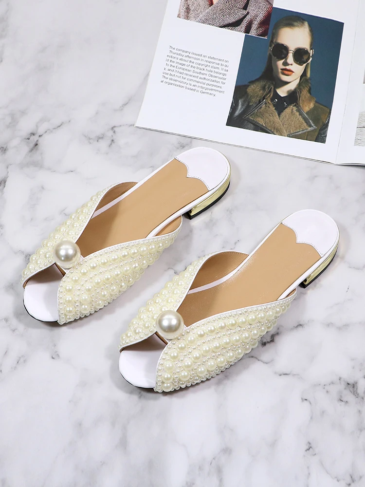 

Roni Bouker New Summer Women's Pearl Flat Shoes Women White Flats Woman Genuine Leather Mules Size 41 Handmade Dropshipping