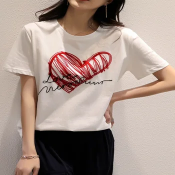 

Women T-shirt Spring / Summer 2020 New T-shirt Love Embroidery Cotton Short Sleeve Loose T-shirt